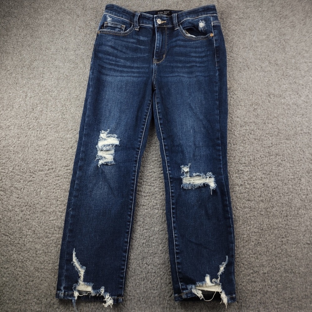 Judy Blue Jeans 28x24 Sz 7 Cropped Fit Dark Blue Distressed Stretch EUC